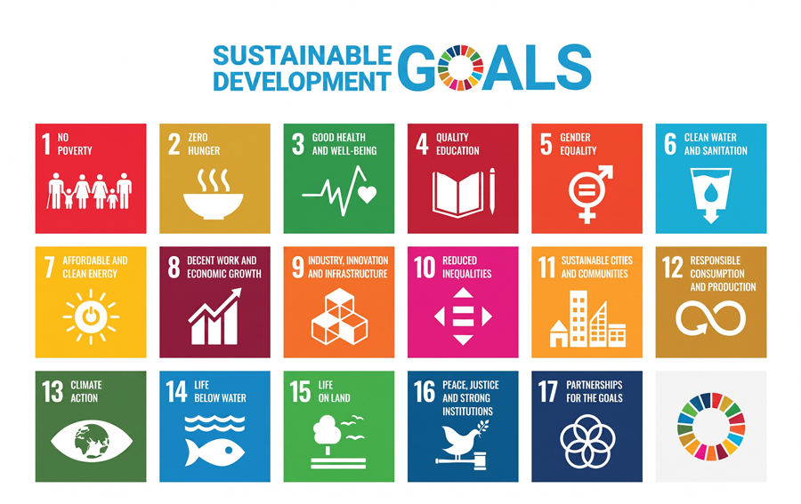 Griglia con icone dei 17 SDG ONU, tra cui povertà zero, fame zero, salute, istruzione, parità di genere, acqua pulita ed energia pulita.
