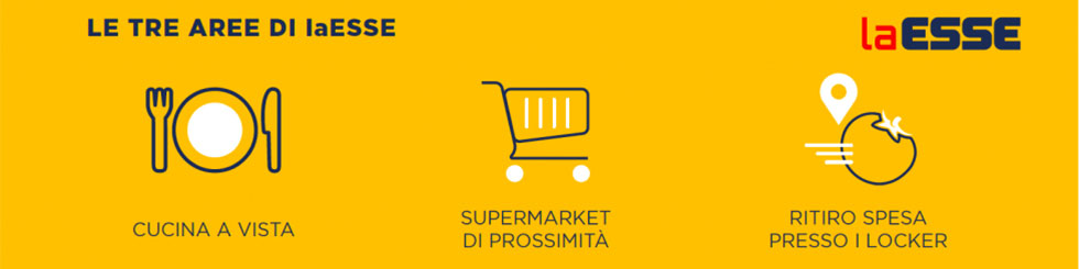Tre servizi di laESSE: cucina a vista, supermarket di prossimità e ritiro spesa presso i locker.