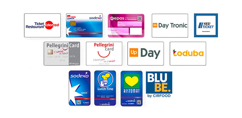 Loghi dei principali buoni pasto accettati: Ticket Restaurant, Sodexo, Pellegrini, Up Day, Toduba, Ristomat, BlueBe e altri.